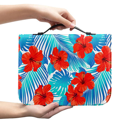 Blue Tropical Hibiscus Pattern Print Leather Bible Cover