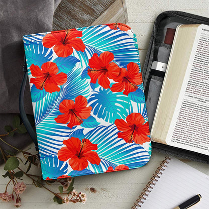 Blue Tropical Hibiscus Pattern Print Leather Bible Cover