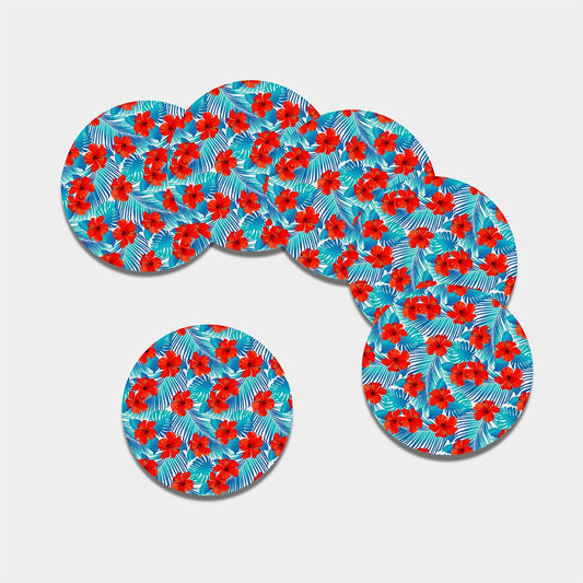 Blue Tropical Hibiscus Pattern Print Leather Coaster Set