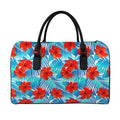 Blue Tropical Hibiscus Pattern Print Leather Duffel Bag