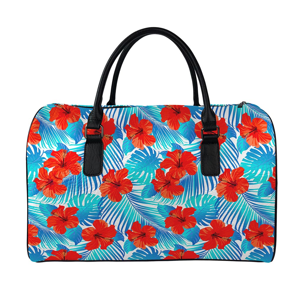 Blue Tropical Hibiscus Pattern Print Leather Duffle Bag