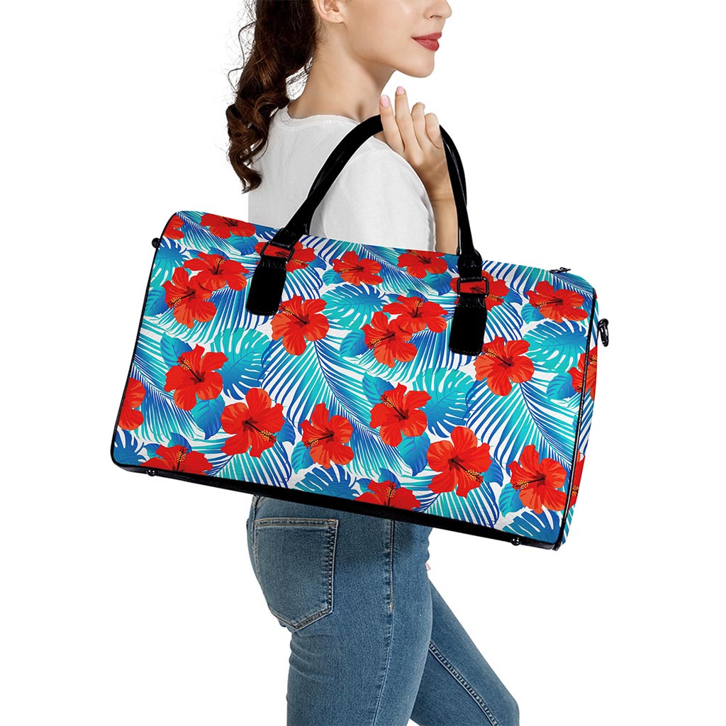 Blue Tropical Hibiscus Pattern Print Leather Duffle Bag