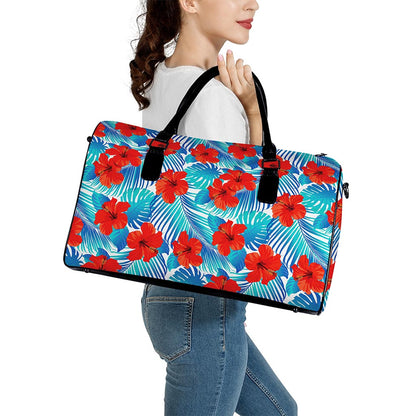 Blue Tropical Hibiscus Pattern Print Leather Duffle Bag