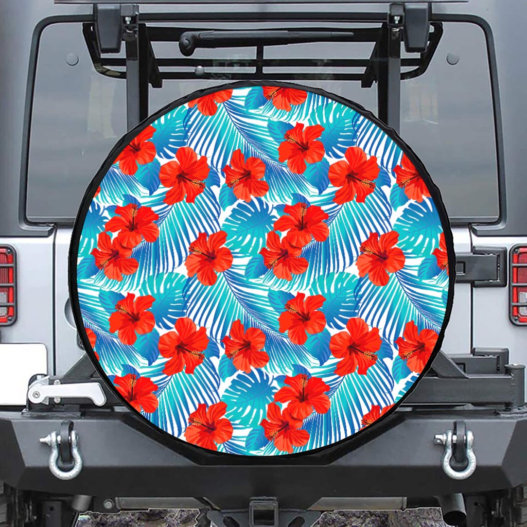 Blue Tropical Hibiscus Pattern Print Leather Spare Tire Cover