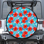 Blue Tropical Hibiscus Pattern Print Leather Spare Tire Cover