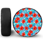 Blue Tropical Hibiscus Pattern Print Leather Spare Tire Cover