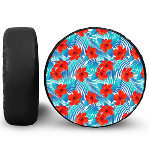 Blue Tropical Hibiscus Pattern Print Leather Spare Tire Cover