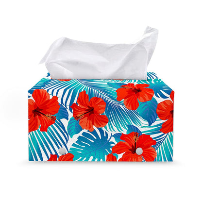 Blue Tropical Hibiscus Pattern Print Leather Tissue Box Cover