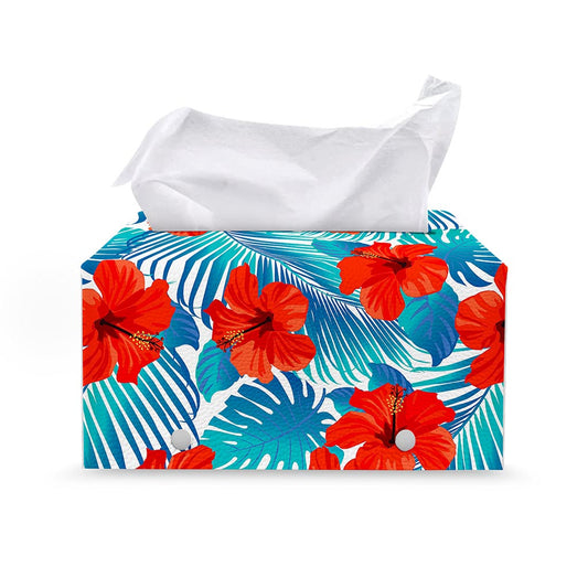 Blue Tropical Hibiscus Pattern Print Leather Tissue Box Cover