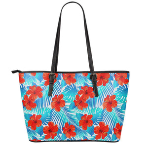 Blue Tropical Hibiscus Pattern Print Leather Tote Bag