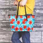 Blue Tropical Hibiscus Pattern Print Leather Tote Bag