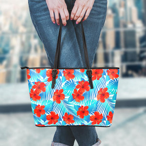 Blue Tropical Hibiscus Pattern Print Leather Tote Bag