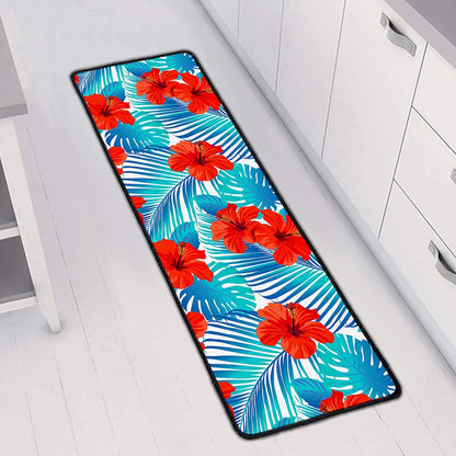 Blue Tropical Hibiscus Pattern Print Long Kitchen Mat