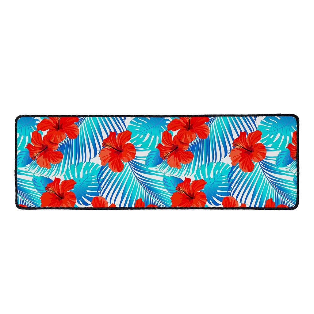 Blue Tropical Hibiscus Pattern Print Long Kitchen Mat