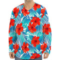 Blue Tropical Hibiscus Pattern Print Long Sleeve Baseball Jersey