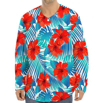 Blue Tropical Hibiscus Pattern Print Long Sleeve Baseball Jersey