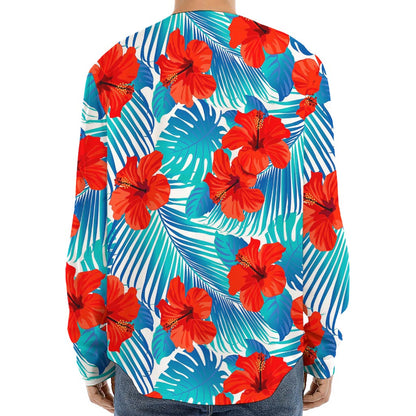 Blue Tropical Hibiscus Pattern Print Long Sleeve Baseball Jersey
