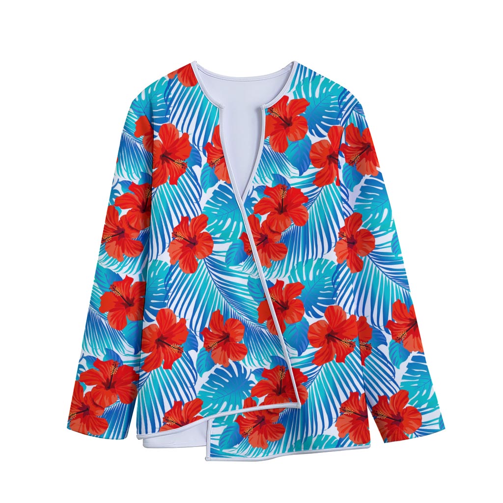 Blue Tropical Hibiscus Pattern Print Long Sleeve Short Coat