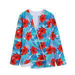 Blue Tropical Hibiscus Pattern Print Long Sleeve Short Coat