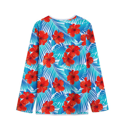 Blue Tropical Hibiscus Pattern Print Long Sleeve Short Coat