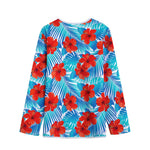 Blue Tropical Hibiscus Pattern Print Long Sleeve Short Coat