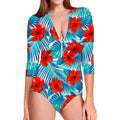 Blue Tropical Hibiscus Pattern Print Long Sleeve Swimsuit