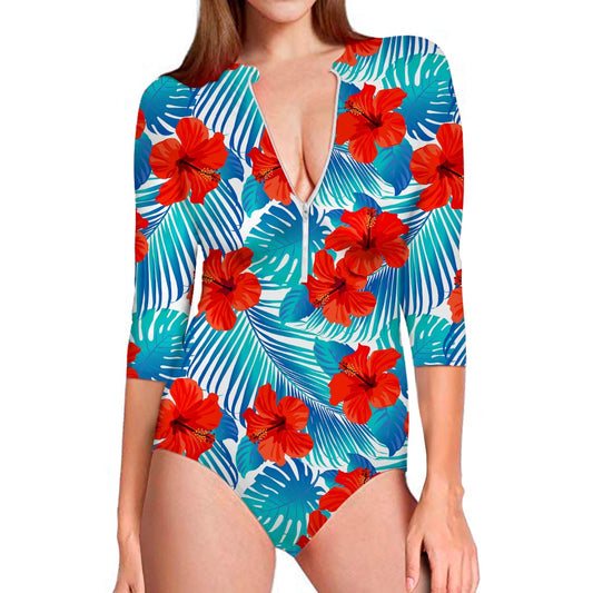 Blue Tropical Hibiscus Pattern Print Long Sleeve Swimsuit