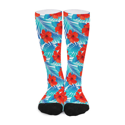 Blue Tropical Hibiscus Pattern Print Long Socks