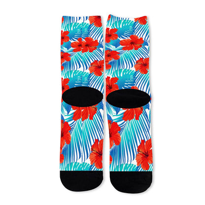 Blue Tropical Hibiscus Pattern Print Long Socks