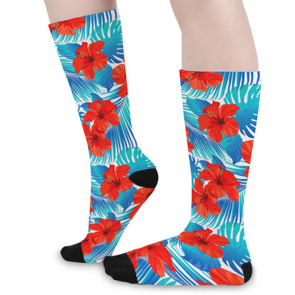 Blue Tropical Hibiscus Pattern Print Long Socks