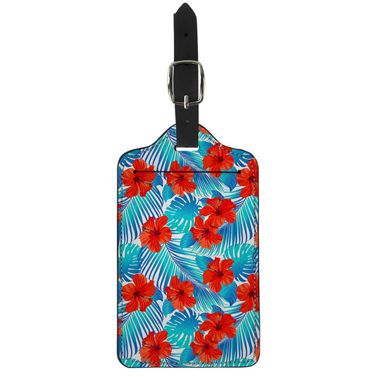 Blue Tropical Hibiscus Pattern Print Luggage Tag