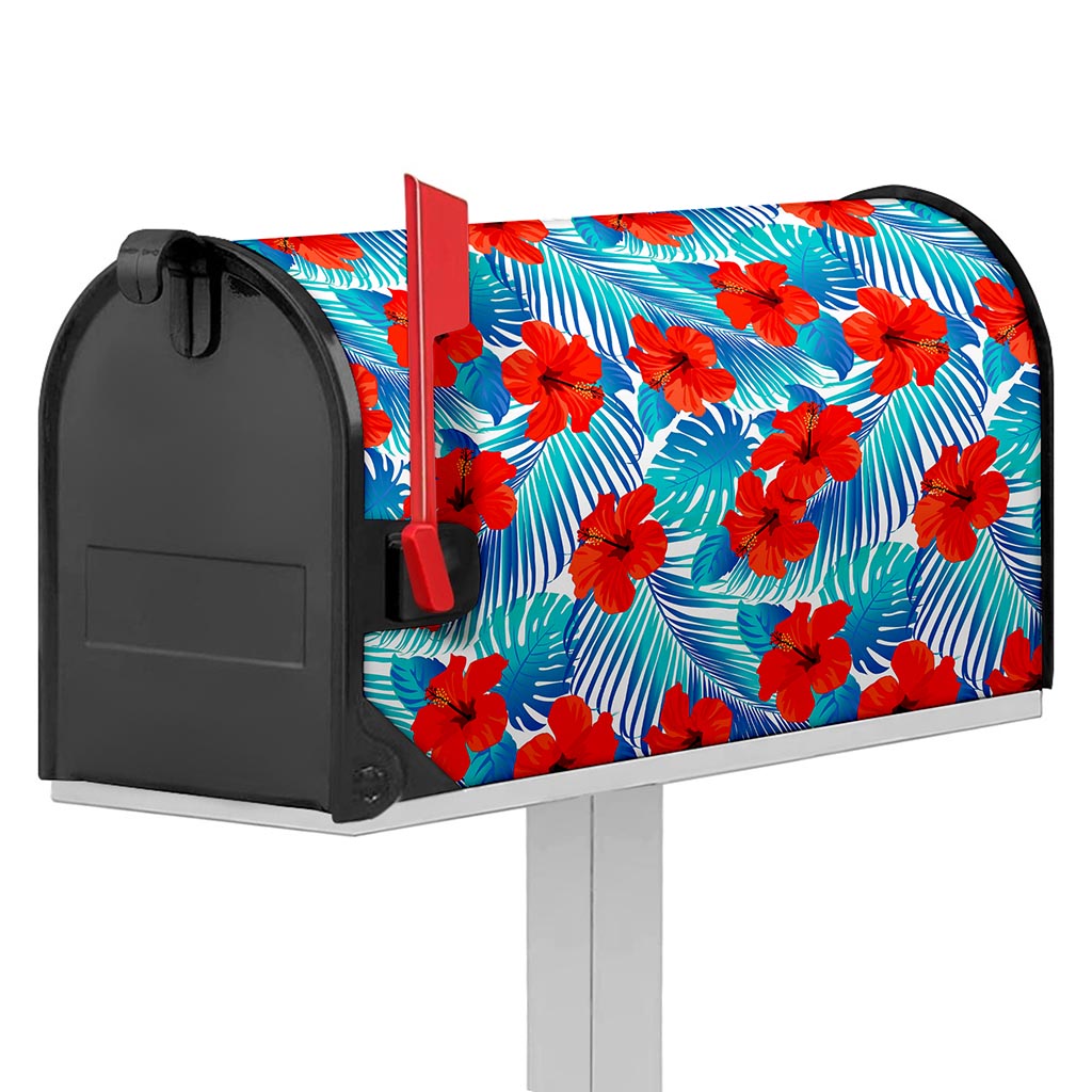 Blue Tropical Hibiscus Pattern Print Mailbox Cover