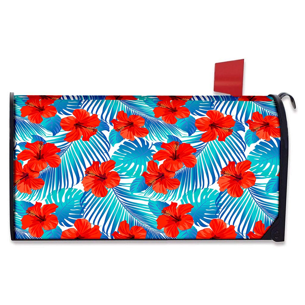 Blue Tropical Hibiscus Pattern Print Mailbox Cover