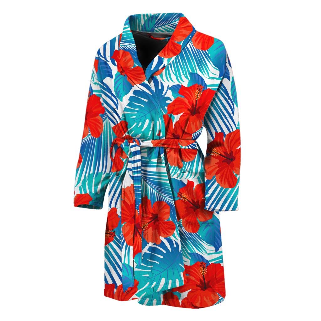 Blue Tropical Hibiscus Pattern Print Men's Bathrobe