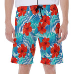 Blue Tropical Hibiscus Pattern Print Men's Beach Shorts