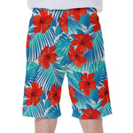 Blue Tropical Hibiscus Pattern Print Men's Beach Shorts