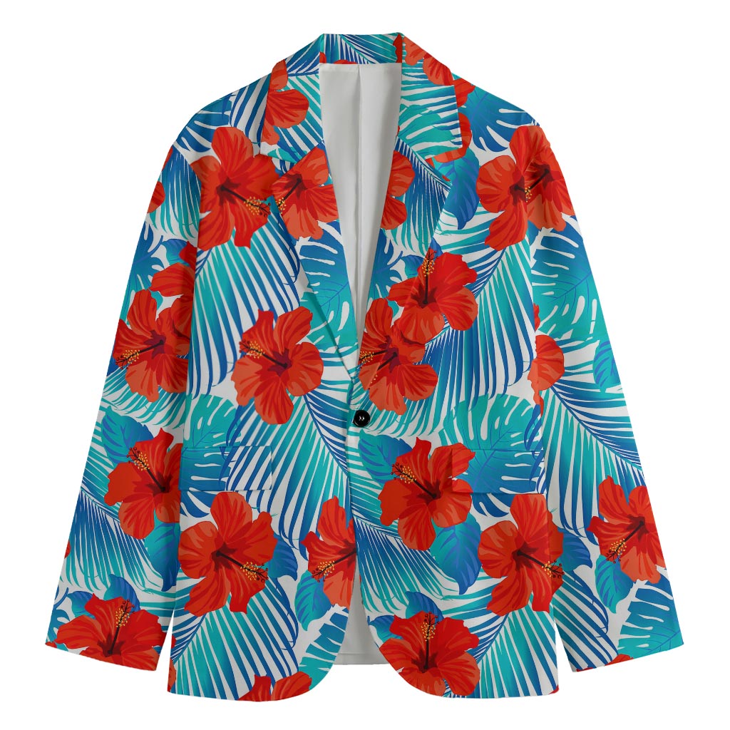 Blue Tropical Hibiscus Pattern Print Men's Blazer