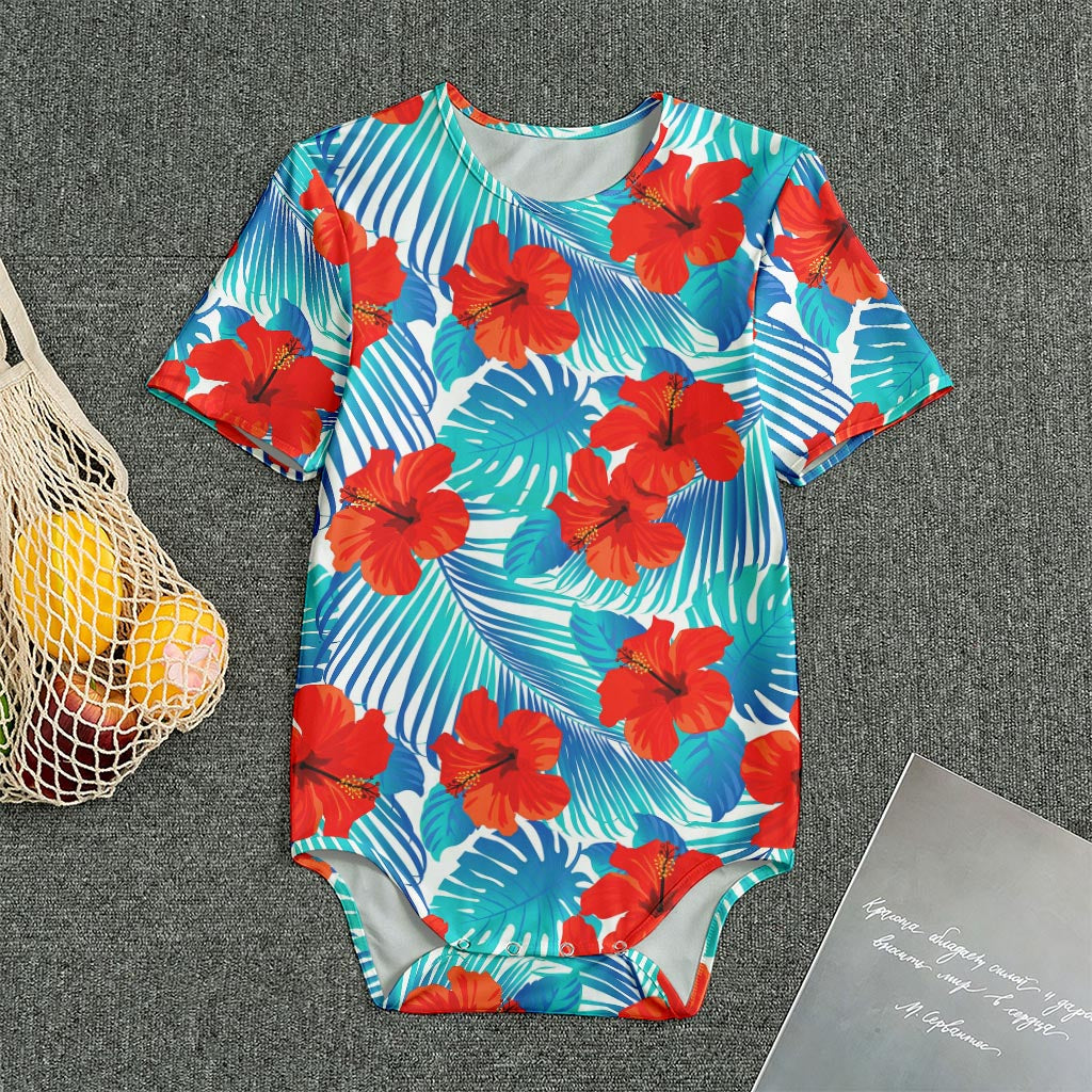 Blue Tropical Hibiscus Pattern Print Men's Bodysuit