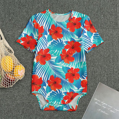 Blue Tropical Hibiscus Pattern Print Men's Bodysuit