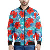 Blue Tropical Hibiscus Pattern Print Men's Bomber Jacket