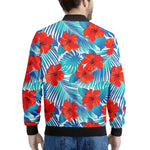 Blue Tropical Hibiscus Pattern Print Men's Bomber Jacket