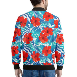 Blue Tropical Hibiscus Pattern Print Men's Bomber Jacket