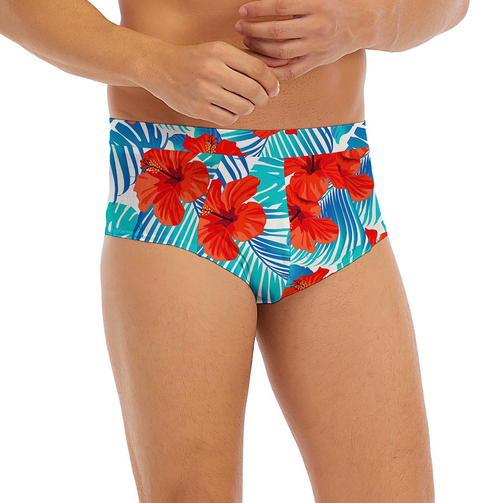 Blue Tropical Hibiscus Pattern Print Men's Briefs