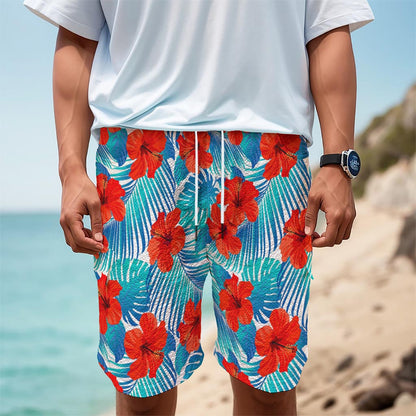 Blue Tropical Hibiscus Pattern Print Men's Cargo Shorts