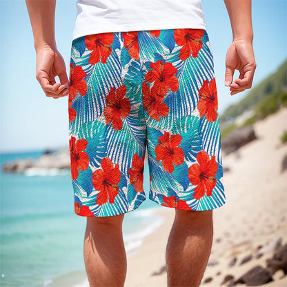 Blue Tropical Hibiscus Pattern Print Men's Cargo Shorts