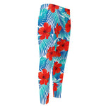 Blue Tropical Hibiscus Pattern Print Men's Compression Pants