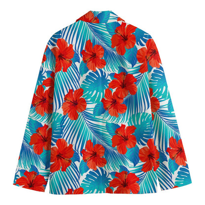 Blue Tropical Hibiscus Pattern Print Men's Cotton Blazer