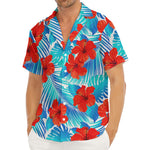 Blue Tropical Hibiscus Pattern Print Men's Deep V-Neck Shirt