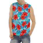 Blue Tropical Hibiscus Pattern Print Men's Fitness Tank Top
