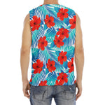 Blue Tropical Hibiscus Pattern Print Men's Fitness Tank Top